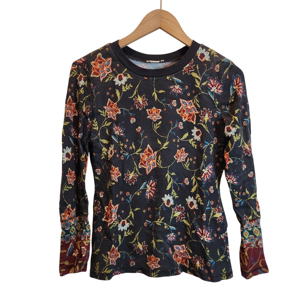 Sundance Thermal Top Womens PM Black Floral Waffle Knit Long Sleeve Tee